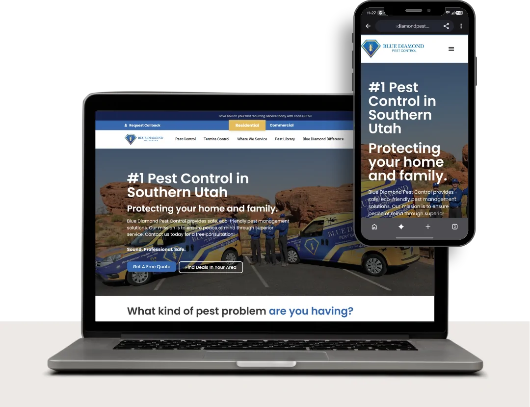 Blue Diamond Pest Control's website shown on a laptop and a phone, built by Wasatch Web