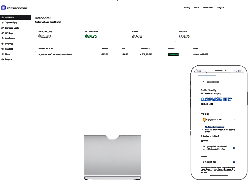 CryptoPayCheckout dashboard mockup